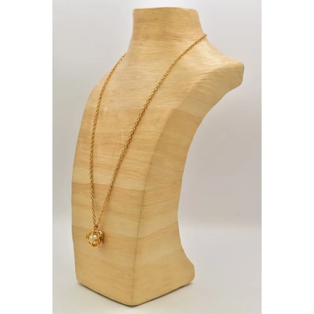 Joan Rivers Vintage Caged Pearl Pendant Necklace Gold Tone Chunky Signed BinBJ